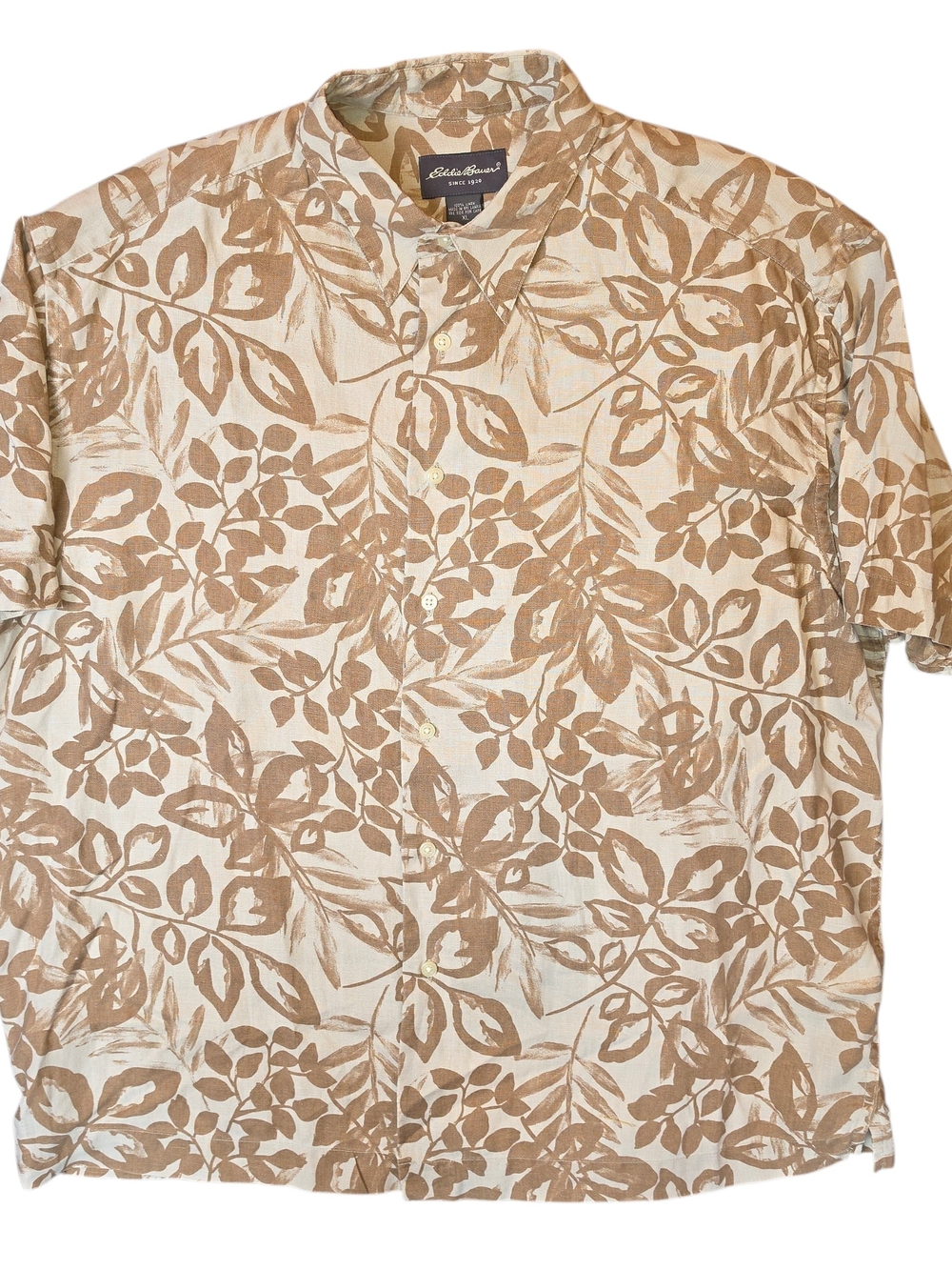 Eddie Bauer Shirt Mens XL Tan Floral Tropical Linen Hawaiian Travel Preppy